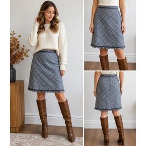 Sigrid Olsen Skirt Plaid Wool Blend Fringe Trim Classic Career Blue Gray Size 10